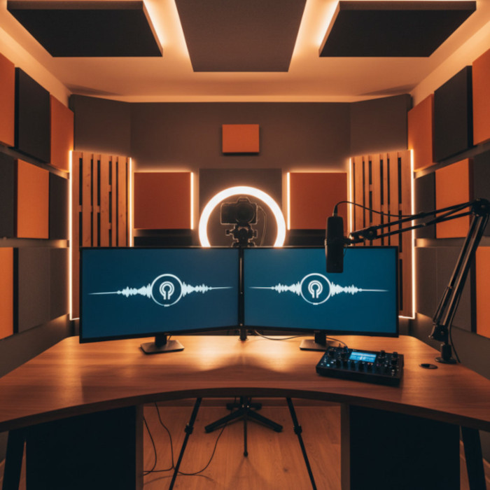Stylized podcast studio